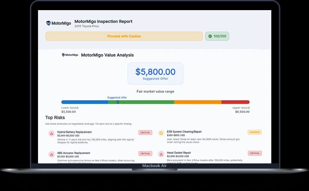 MotorMigo inspection report with negotiation-ready summary